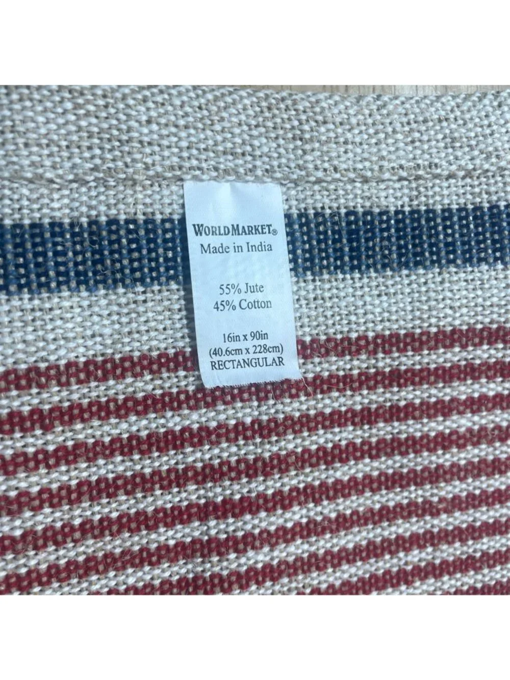 World Market Jute Striped Table Runner 16x90 Rectangle Theme Red Blue Tan